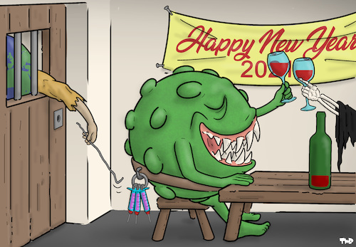 Cartoon: Escape in 2021 (medium) by Tjeerd Royaards tagged vaccin,corona,virus,pandemic,lockdown,new,year,vaccin,corona,virus,pandemic,lockdown,new,year