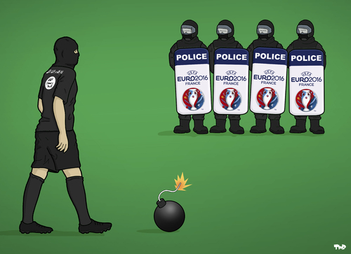 Cartoon: Euro 2016 Terror Threat (medium) by Tjeerd Royaards tagged uefa,soccer,football,france,isis,terrorism,uefa,soccer,football,france,isis,terrorism