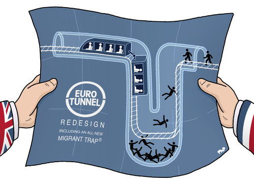 Cartoon: Eurotunnel Redesign (medium) by Tjeerd Royaards tagged migrants,calais,channel,eurotunnel,uk,france,immigrants,migrants,calais,channel,eurotunnel,uk,france,immigrants