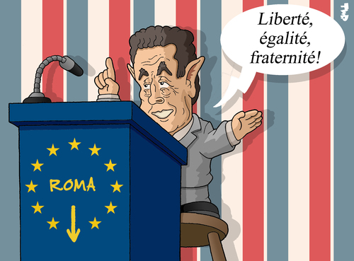 Cartoon: Expulsions of Roma (medium) by Tjeerd Royaards tagged roma,sarkozy,france,gypsie,deportation,crime,nicolas sarkozy,frankreich,kriminalität,nicolas,sarkozy