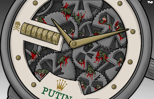 Cartoon: Gears of war (medium) by Tjeerd Royaards tagged putin,ukraibne,russia,soldiers,war,victimis,death,toll,time,clock,watch,putin,ukraibne,russia,soldiers,war,victimis,death,toll,time,clock,watch