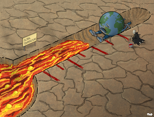 Cartoon: Global temperature (medium) by Tjeerd Royaards tagged summer,heat,heatwave,climate,extreme,weather,temperature,summer,heat,heatwave,climate,extreme,weather,temperature