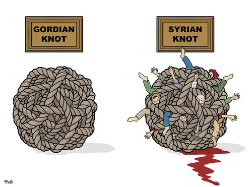 Cartoon: Gordian Knot (medium) by Tjeerd Royaards tagged knot,solution,unsolvable,tangle,problem,war,syria,syria,war,problem,tangle,unsolvable,solution,knot