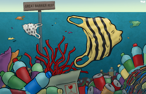 Cartoon: Great Barrier Reef (medium) by Tjeerd Royaards tagged ocean,plastic,climate,great,barrier,reef,australia,ocean,plastic,climate,great,barrier,reef,australia