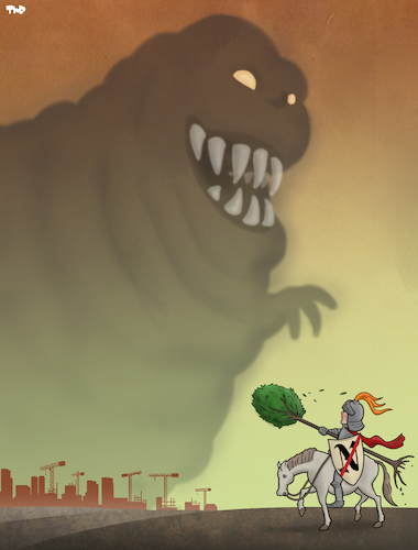 Cartoon: Green Fight (medium) by Tjeerd Royaards tagged nitrogen,emissions,pollution,tree,green,monster,nitrogen,emissions,pollution,tree,green,monster