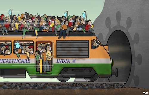 Cartoon: Healthcare crisis in India (medium) by Tjeerd Royaards tagged india,corona,pandemic,hospital,health,capacity,india,corona,pandemic,hospital,health,capacity