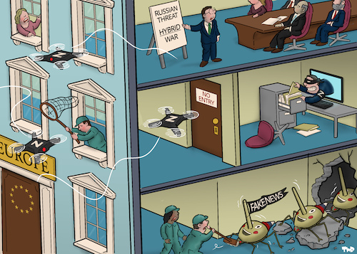 Cartoon: Hybrid war (medium) by Tjeerd Royaards tagged hybrid,war,warfre,russia,drones,europe,fake,news,hackers,hybrid,war,warfre,russia,drones,europe,fake,news,hackers