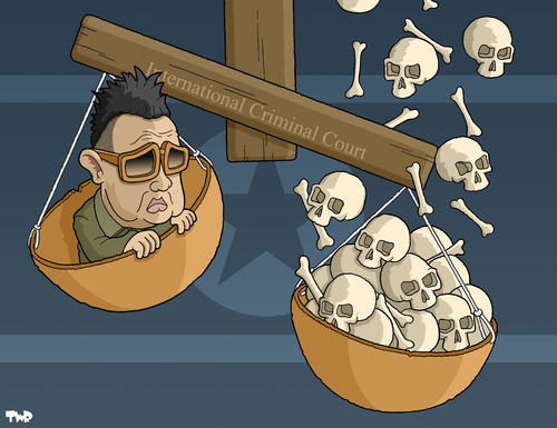 Cartoon: ICC investigates North Korea (medium) by Tjeerd Royaards tagged kim,jong,il,icc,the,hague,north,korea,pyongyang,war,dictator,kim jong il,nordkorea,südkorea,korea,diktator,kim,jong,il