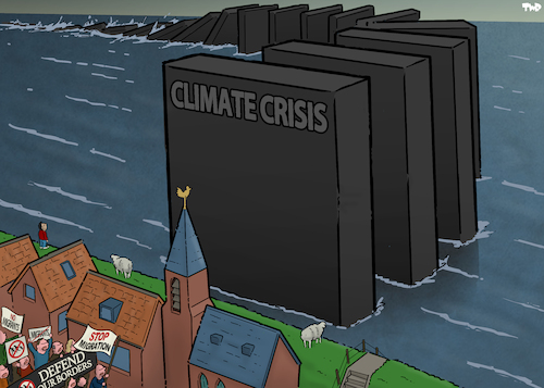 Cartoon: Ignoring the real crisis (medium) by Tjeerd Royaards tagged climate,migration,populism,protests,migrants,future,danger,climate,migration,populism,protests,migrants,future,danger