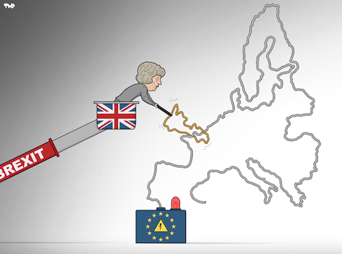 Cartoon: Long Brexit (medium) by Tjeerd Royaards tagged brexit,may,theresa,uk,eu,europe,game,nervous,brexit,may,theresa,uk,eu,europe,game,nervous