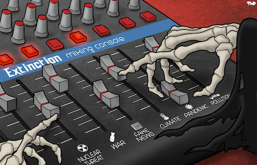 Cartoon: Mixing console (medium) by Tjeerd Royaards tagged war,nuclear,threat,future,danger,climate,war,nuclear,threat,future,danger,climate