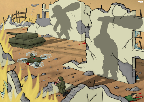 Cartoon: Modern warfare (medium) by Tjeerd Royaards tagged war,warfare,violence,primitive,humans,war,warfare,violence,primitive,humans