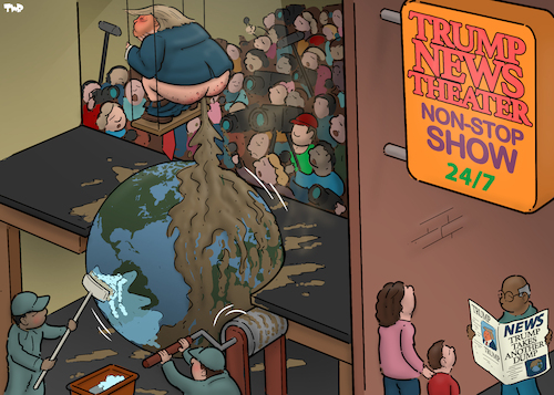 Cartoon: Non-stop shit show (medium) by Tjeerd Royaards tagged trump,media,attention,planet,shitshow,trump,media,attention,planet,shitshow