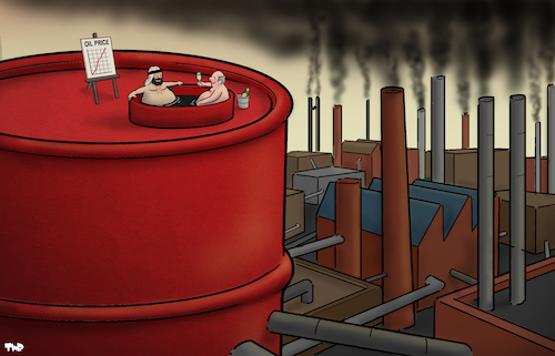 Cartoon: Oil dependency (medium) by Tjeerd Royaards tagged oil,energy,price,expensive,fossil,fuel,industry,pollution,oil,energy,price,expensive,fossil,fuel,industry,pollution