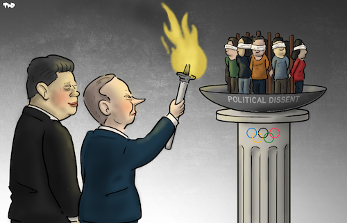 Cartoon: Olympic flame (medium) by Tjeerd Royaards tagged beijing,2022,olympics,putin,china,russia,xi,jinping,political,dissent,beijing,2022,olympics,putin,china,russia,xi,jinping,political,dissent