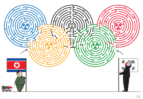 Cartoon: Olympic Maze (medium) by Tjeerd Royaards tagged north,south,korea,olympics,winter,seoul,talks,peace,kim,jong,un,north,south,korea,olympics,winter,seoul,talks,peace,kim,jong,un