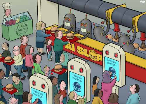 Cartoon: Post-truth society (medium) by Tjeerd Royaards tagged ai,slop,artificial,intelligence,truth,lies,facts,ai,slop,artificial,intelligence,truth,lies,facts