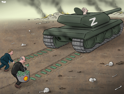 Cartoon: Profit from war (medium) by Tjeerd Royaards tagged war,ukraine,russia,putin,shell,gas,oil,greed,profit,money,war,ukraine,russia,putin,shell,gas,oil,greed,profit,money