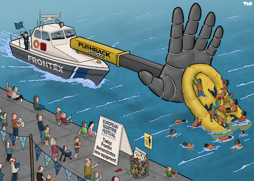 Cartoon: Pushbacks (medium) by Tjeerd Royaards tagged eu,europe,frontex,migrants,pushbacks,eu,europe,frontex,migrants,pushbacks