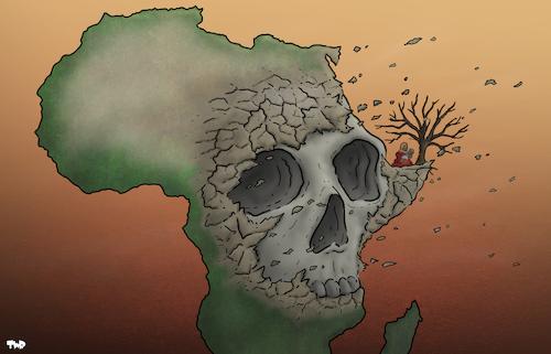 Cartoon: Record drought in Africa (medium) by Tjeerd Royaards tagged climate,africa,drought,hunger,starvation,horn,climate,africa,drought,hunger,starvation,horn