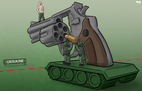 Cartoon: Russian roulette (medium) by Tjeerd Royaards tagged putin,russia,ukraine,russian,roulette,border,invasion,threat,putin,russia,ukraine,russian,roulette,border,invasion,threat