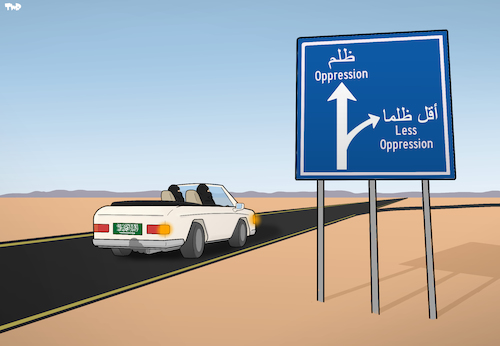 Cartoon: Saudi Arabia Lifting Driving Ban (medium) by Tjeerd Royaards tagged saudi,arabia,women,driving,car,rights,sign,saudi,arabia,women,driving,car,rights,sign