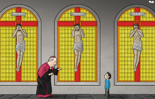 Cartoon: See no evil (medium) by Tjeerd Royaards tagged catholic,church,child,abuse,priest,jesus,france,report,evil,indifference,catholic,church,child,abuse,priest,jesus,france,report,evil,indifference