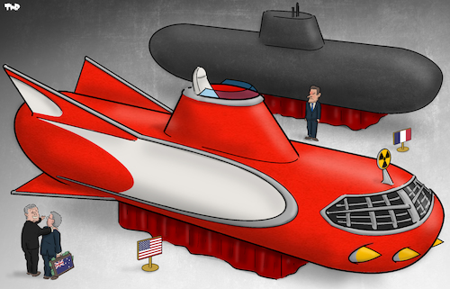Cartoon: Submarine deal (medium) by Tjeerd Royaards tagged submraine,deal,business,diplomacy,usa,australia,france,uk,submraine,deal,business,diplomacy,usa,australia,france,uk