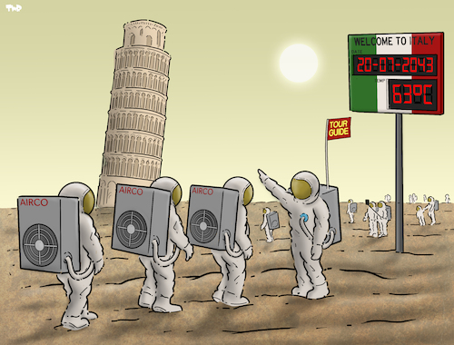 Cartoon: Summer 2043 (medium) by Tjeerd Royaards tagged summer,italy,climate,change,heat,heatwave,extreme,weather,summer,italy,climate,change,heat,heatwave,extreme,weather