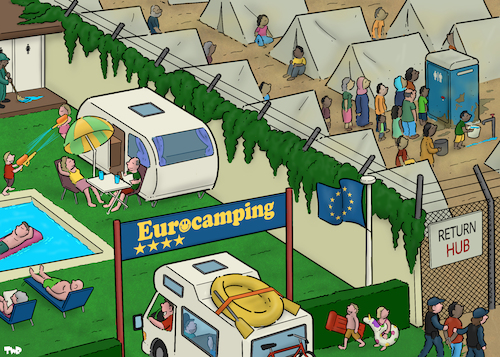 Cartoon: Summer in Europe (medium) by Tjeerd Royaards tagged migrants,migration,pact,return,hub,camping,camp,vacation,holiday,europe,migrants,migration,pact,return,hub,camping,camp,vacation,holiday,europe