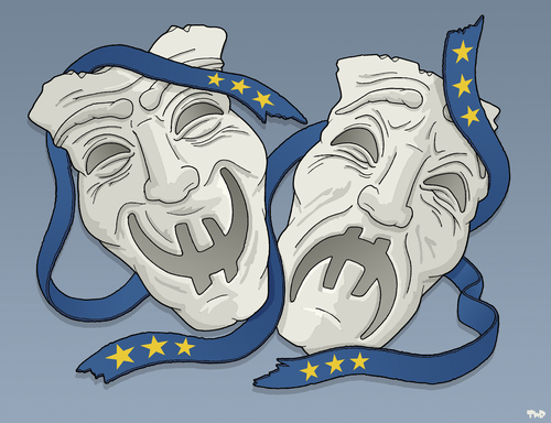 Cartoon: Theatre (medium) by Tjeerd Royaards tagged greece,euro,imf,brussels,money,cutbacks,tragedy,griechenland,finanzen,schulden,eu,europa
