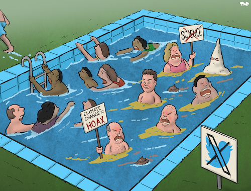 Cartoon: Time to leave the pool (medium) by Tjeerd Royaards tagged twitter,elon,musk,conspiracies,hoax,science,social,media,twitter,elon,musk,conspiracies,hoax,science,social,media