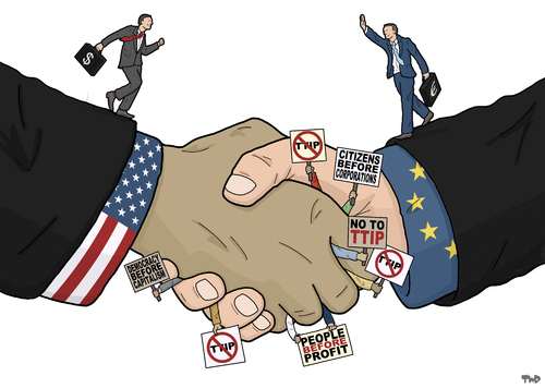 Cartoon: TTIP (medium) by Tjeerd Royaards tagged trade,europe,eu,usa,america,free,protest,democracy,business,corporations,profit,economy,trade,europe,eu,usa,america,free,protest,democracy,business,corporations,profit,economy