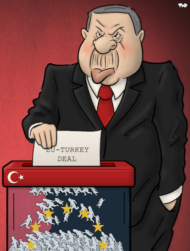 Cartoon: Turkish Diplomacy (medium) by Tjeerd Royaards tagged turkey,erdogan,eu,border,europe,refugees,migrants,greece,turkey,erdogan,eu,border,europe,refugees,migrants,greece