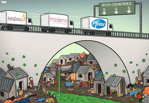 Cartoon: Under the bridge (medium) by Tjeerd Royaards tagged vaccine,corona,pandemic,inequality,pfizer,moderna,astrazeneca,rich,poor,vaccine,corona,pandemic,inequality,pfizer,moderna,astrazeneca,rich,poor