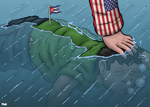 Cartoon: US blockade of Cuba (medium) by Tjeerd Royaards tagged oil,embargo,cuba,usa,blockade,starvation,oil,embargo,cuba,usa,blockade,starvation