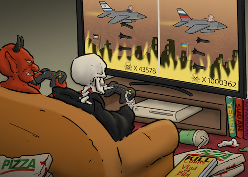 Cartoon: War games (medium) by Tjeerd Royaards tagged putin,russia,ukraine,netanyahu,israel,gaza,kill,victims,war,devil,grim,reaper,putin,russia,ukraine,netanyahu,israel,gaza,kill,victims,war,devil,grim,reaper