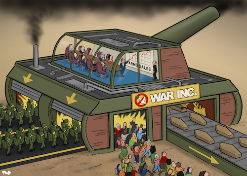 Cartoon: War Inc. (medium) by Tjeerd Royaards tagged weapons,war,refugees,victims,soldiers,profit,money,business,weapons,war,refugees,victims,soldiers,profit,money,business
