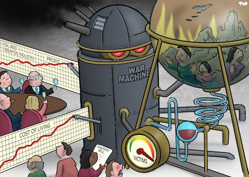 Cartoon: War machine (medium) by Tjeerd Royaards tagged war,machine,oil,weapons,industry,profit,cost,of,living,victims,war,machine,oil,weapons,industry,profit,cost,of,living,victims