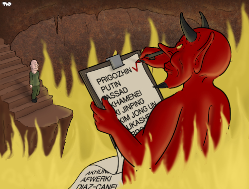 Cartoon: Welcome to hell (medium) by Tjeerd Royaards tagged prigozhin,putin,hell,devil,satan,dictators,prigozhin,putin,hell,devil,satan,dictators