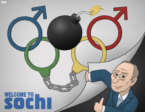 Cartoon: Welcome to Sochi (medium) by Tjeerd Royaards tagged putin,sochi,russia,olympics,terrorism,gay,rights,propaganda,putin,sochi,russia,olympics,terrorism,gay,rights,propaganda