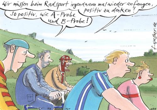 Cartoon: 77.121.doping positiv (medium) by woessner tagged doping,radsport,tour,de,france,tour de france,radsport,fahrrad,radler,sportler,doping,pharmazie,medizin,arzneimittel,leistung,missbrauch,illegal,anabolika,buterol,anabole,steroidesteroide,glenbuterol,festina,fuentes,dopingliste,amphetamine,antidopingkontrolle,testosteron,radrennen,dopingtest,fahrradrennen,etappe,trikot,dopingskandal,blutprobe,urinprobe,aso,cortison,epo,wachstumshormone,blutdoping,eigenblutdoping,hämatokritwert,medikamentenmissbrauch,pharmaindustrie,a probe,b probe,tour,de,france,probe