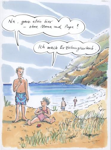 Cartoon: 78.013.erziehungsurlaub (medium) by woessner tagged erziehung,kind,urlaub,strand,erziehung,kind,eltern,familie,urlaub,strand,verreisen,meer,sonne,baden,freizeit,spielen,kindheit,ruhe,pause,auszeit,alleine,mama,papa,erziehungsurlaub,rollentausch,rollenspiel,rollenwechsel,emanzipation,vater,mutter,rollenbild,kinder,geschlecht