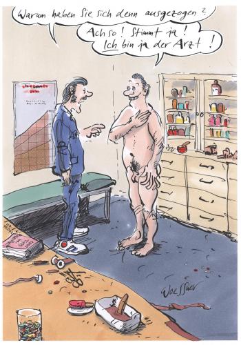 Cartoon: Arzt (medium) by woessner tagged arzt,nackt,nude,doctor,medical,medizin,untersuchung,praxis,arzt,doktor,patient,nackt,medizin,untersuchung,freimachen,mann,ausziehen,zerstreut,visite,vorsorge,check,gesundheit,gesundheitsreform,gesundheitswesen,gesundheitskosten,mediziner,kassenpatient,privatpatient,ambulanz,untersuchungszimmer,sprechstunde,wartezimmer,sprechzimmer,behandlungsraum,quacksalber,kurpfuscher,gesundheitszustand,befinden,potenz,abhören,behandlung,arztpraxis