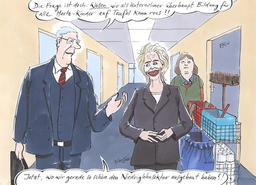 Cartoon: Bildung Niedriglohnsektor (medium) by woessner tagged hartz,kinder,bildung,niedriglohnsektor,unternehmer,wirtschaft,von,der,leyen,hartz,bildungschip,kinder,pferde,leyen,ponys,chancengleichheit,pony,arbeit,job,arbeitslosigkeit,chancen,bildung