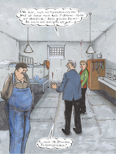 Cartoon: Erntehelfer (medium) by woessner tagged erntehelfer,saisonarbeitskraft,feldarbeiter,agrarhelfer,pflücker,saisonier,festangestellter,betriebsleiter,ganzjahreskraft,festpersonal,arbeitsmigrant,tagelöhner,hilfskraft,erntekolonne,arbeitsvermittlung,unterbringung,unterkunft,quartier,behausung,herberge,wohnheim,bleibe,obdachlosigkeit,gemeinschaftsunterkunft,containerdorf,wohncontainer,mehrbettzimmer,mietpauschale,mindeststandard,sanitäranlage,brandschutz,privatsphäre,arbeitsbedingungen,arbeitsumfeld,arbeitskonditionen,arbeitsverhältnisse,beschäftigungsverhältnis,mindestlohn,akkordlohn,leistungsdruck,arbeitszeitgesetz,überstunden,arbeitsschutz,erntezeit,hitzearbeit,witterung,tarifvertrag,ausbeutung,kontrollen,zoll,ernte,ernteertrag,einbringung,schnitt,aussaat,anbau,bestellung,spargelzeit,weinlese,hauptsaison,sonderkultur,fruchtfolge,erntehelfer,saisonarbeitskraft,feldarbeiter,agrarhelfer,pflücker,saisonier,festangestellter,betriebsleiter,ganzjahreskraft,festpersonal,arbeitsmigrant,tagelöhner,hilfskraft,erntekolonne,arbeitsvermittlung,unterbringung,unterkunft,quartier,behausung,herberge,wohnheim,bleibe,obdachlosigkeit,gemeinschaftsunterkunft,containerdorf,wohncontainer,mehrbettzimmer,mietpauschale,mindeststandard,sanitäranlage,brandschutz,privatsphäre,arbeitsbedingungen,arbeitsumfeld,arbeitskonditionen,arbeitsverhältnisse,beschäftigungsverhältnis,mindestlohn,akkordlohn,leistungsdruck,arbeitszeitgesetz,überstunden,arbeitsschutz,erntezeit,hitzearbeit,witterung,tarifvertrag,ausbeutung,kontrollen,zoll,ernte,ernteertrag,einbringung,schnitt,aussaat,anbau,bestellung,spargelzeit,weinlese,hauptsaison,sonderkultur,fruchtfolge