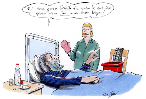 Cartoon: Gehelfe (medium) by woessner tagged cartoon,karikatur,woessner,philosophie,niedergeschlagenheit,depression,trauer,hospital,pflegeheim,altersheim,seniorenheim,beleidigung,krankenschwester,patient,gehelfe,sinn,des,daseins,helfersyndrom,pflegepersonal,krankenhaus,beschimpfung,missachtung,hilfe,hilfeleistung,pflege,waschen,körperpflege,sinnlosigkeit,verzweiflung,daseinsrätsel,religion,cartoon,karikatur,woessner,philosophie,niedergeschlagenheit,depression,trauer,hospital,pflegeheim,altersheim,seniorenheim,beleidigung,krankenschwester,patient,gehelfe,sinn,des,daseins,helfersyndrom,pflegepersonal,krankenhaus,beschimpfung,missachtung,hilfe,hilfeleistung,pflege,waschen,körperpflege,sinnlosigkeit,verzweiflung,daseinsrätsel,religion