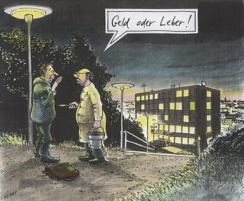 Cartoon: geld oder leber (medium) by woessner tagged geld,oder,leber,organtransplantation,organspende,organhandel,arzt,mediziner,kriminalität,medizinisch,industrieller,komplex