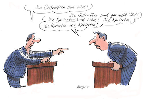 Cartoon: Gestreifte (medium) by woessner tagged freimut,woessner,karikaturen,cartoons,streifen,karos,demokratie,wahlkampf,bundestagswahl,wahlen,selbstdarstellung,vereinfachung,simplifizierung,politiker,wahlkämpfer,wahlkreis,gestreifte,karierte,streit,kampf,diskussion,politik,dialog,gegner,tv,fernsehen,medien,argument,vorurteil,wahl,kandidaten,duell,streitgespräch,wählen,wähler,show,showbussiness,freimut,woessner,karikaturen,cartoons,streifen,karos,demokratie,wahlkampf,bundestagswahl,wahlen,selbstdarstellung,vereinfachung,simplifizierung,politiker,wahlkämpfer,wahlkreis,gestreifte,karierte,streit,kampf,diskussion,politik,dialog,gegner,tv,fernsehen,medien,argument,vorurteil,wahl,kandidaten,duell,streitgespräch,wählen,wähler,show,showbussiness