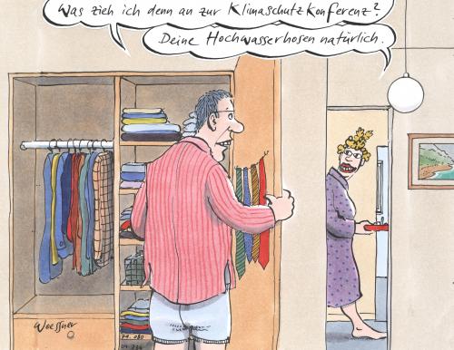 Cartoon: hochwasserhosen (medium) by woessner tagged klima,erderwärmung,hochwasser,meeresspiegel,umwelt,konferenz,dresscode,mode,klima,erderwärmung,klimawandel,globale erwärmung,hochwasser,meeresspiegel,umwelt,konferenz,dresscode,mode,umweltkonferenz,hochwasserhose,outfit,klamotten,fashion,anziehsachen,klimaschutz,klimaschutzkonferenz,natur,greenpeace,globale,erwärmung